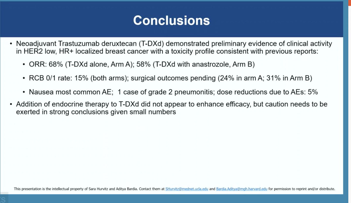 TALENT presented by @dradityabardia Preop T-DXd +/- AI for ER+ HER2-low BC (6-8 cycles) N=58 Response by imaging with T-DXd=68%, T-DXd+AI: 58% 1 pt with pCR, 5 with RCB1 16 pts still haven't had surgery @OncoAlert #bcsm #SABCS22