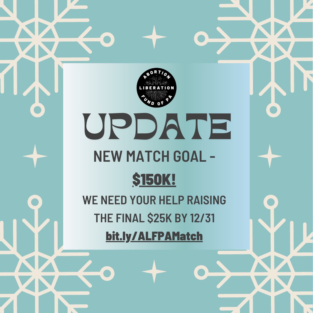 abortionfundpa's tweet photo. Poor Richard's Charitable Trust increased their end-of-year match! We're $25k short of the new goal. Can you help us reach $150k by 12/31? All gifts in support of abortion access in PA will be matched!! ❄️💙 https://t.co/BuLe4CkiGS https://t.co/wi1sWiXwTc