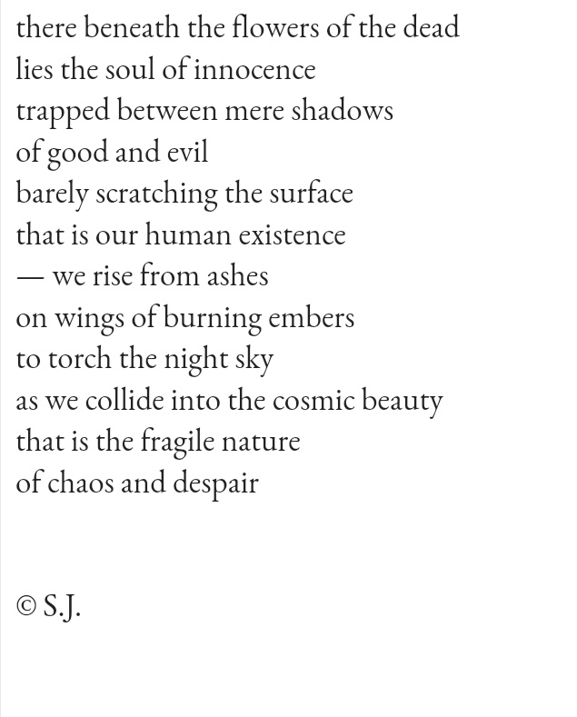 SJPoetryCorner's tweet photo. I've written a new poem.

"Beneath the flowers of the dead"

#Poetry #PoetsOfTwitter #MyPoem
#PoetryCommunity #Writer #Poet https://t.co/yo7xkH8aoR