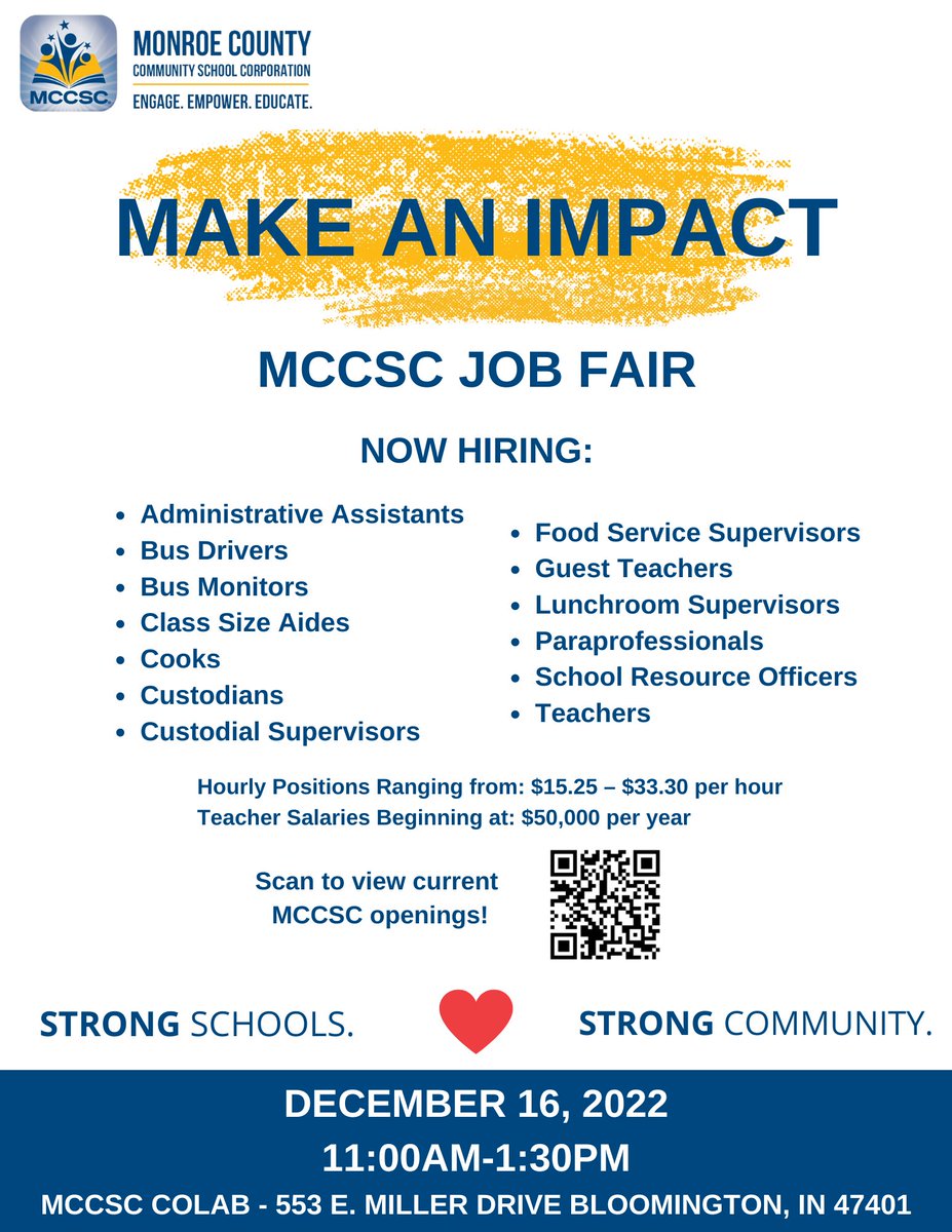 SAVE THE DATE! MCCSC Job Fair on December 16th, 11am-1:30pm at the MCCSC COLAB! Share this information with your friends and family! #MCCSCMAKEANIMPACT