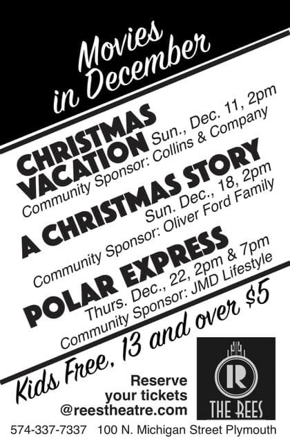 Christmas movies sponsored by folks in our community!
 
Sun., Dec. 11 
“Christmas Vacation”🎅
By Collins &amp; Co.

Sun., Dec. 18
“A Christmas Story”🎄
By the Oliver Ford family

Thurs., Dec. 22
“Polar Express”🐻‍❄️
JMD Lifestyle 

Remember kids 12 &amp; under are FREE! (With adult)