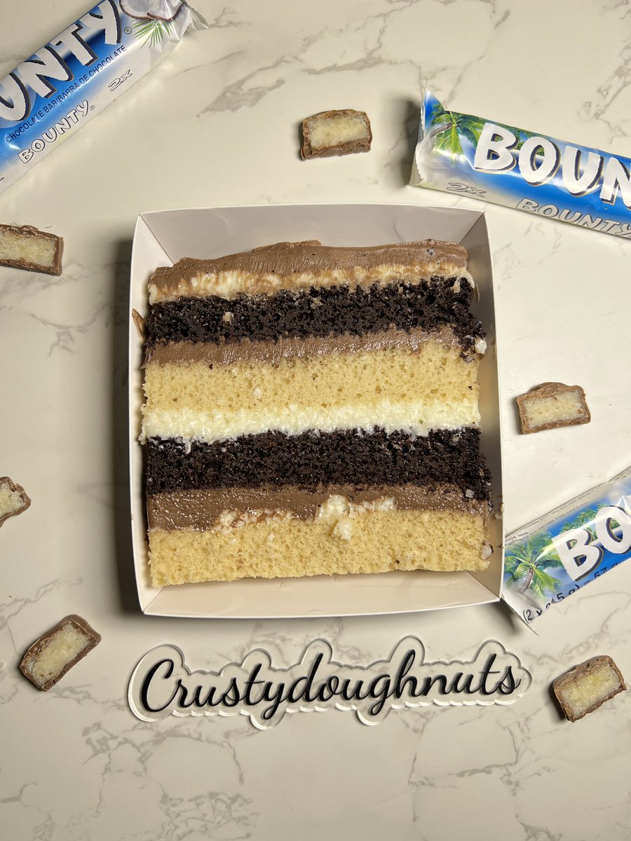 Bounty cake🥥😋😋 If You Love Bounty chocolate Bar Well Brace Your Self Because We Have A New Bounty Cake Slice. Which Is A New Addition To Our Big Collection Of luv Flavors.