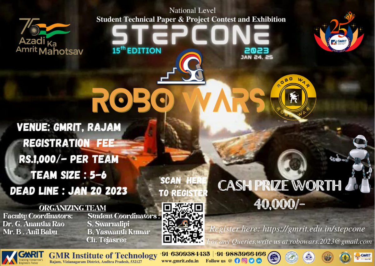 Are You A Warrior of Robo ?
We Got You then!!!
Here is the Poster for "ROBO WARS".
Register Now Link In Bio.
#gmrit #stepcone2023 #collegefest #events #robowars #robot