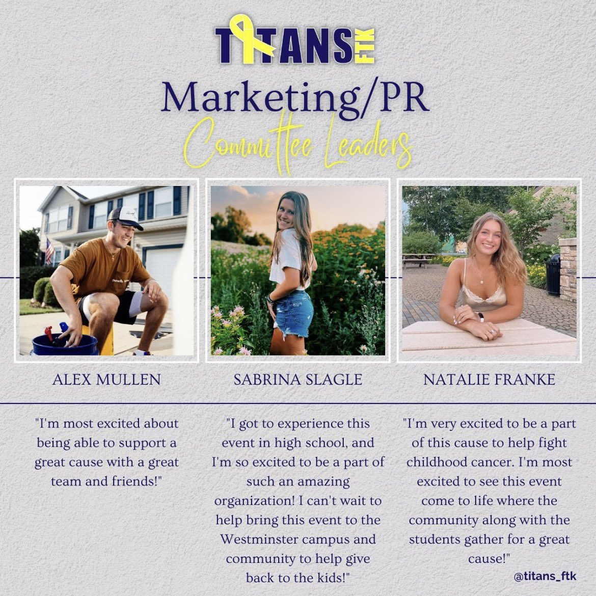 Continuing with our committee highlights, please welcome our Marketing/Public Relations Committee Leaders! We’re so excited to connect with faculty, alumni, and local businesses through our committee leaders, as well as watching them promote our event in the spring! #FTK🎗️