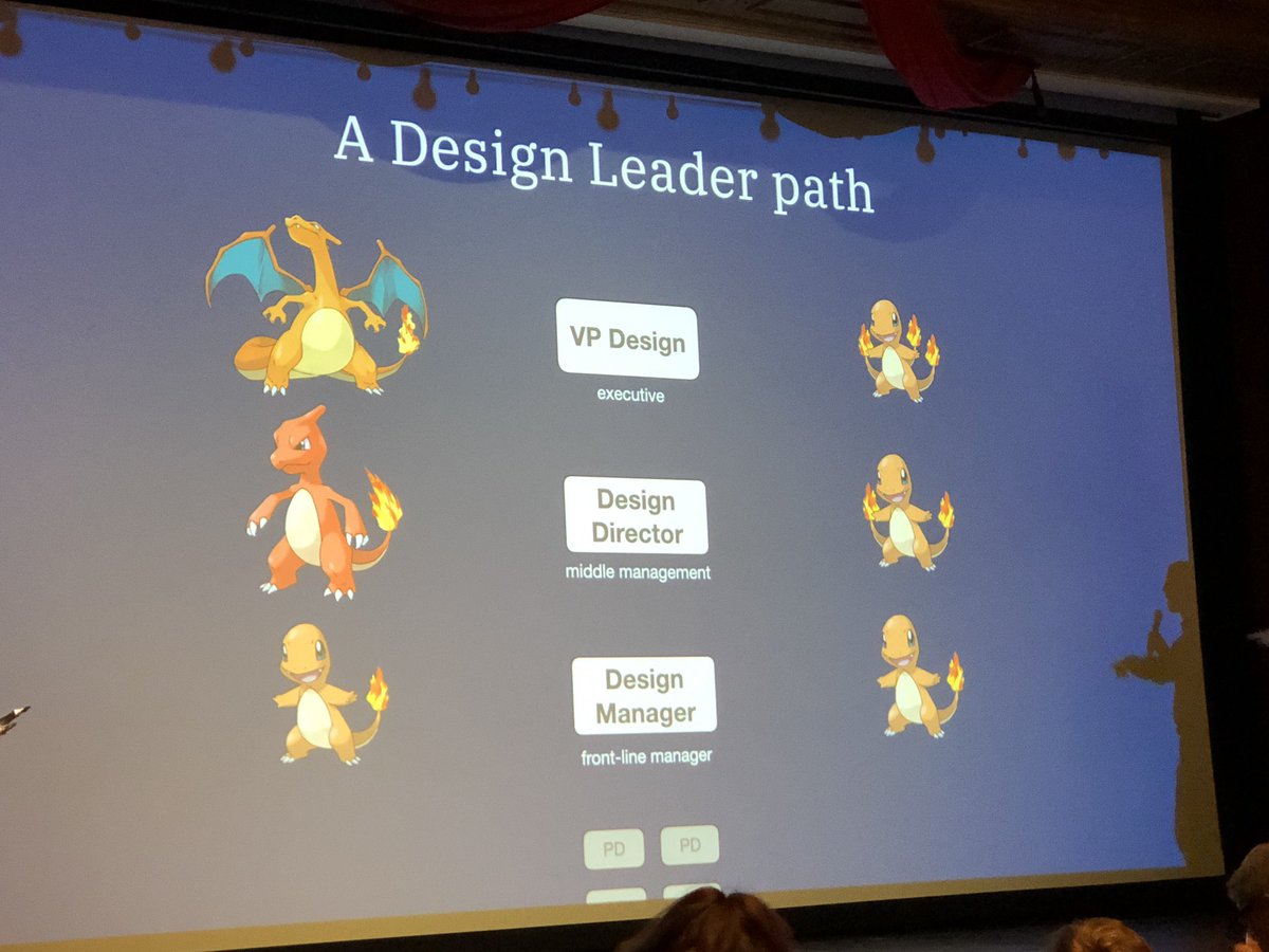 “A VP of Design doesn’t do design, they’re a business person.” <a href="/peterme/">Peter Merholz</a> shares an in-depth framework, complete with Pokémon, for understanding the various roles, levels and team structures for scaling design teams. Awesome talk! #designleadership <a href="/WeAreDesignX/">DesignX Community</a>