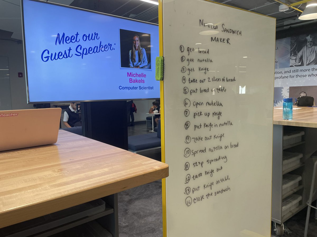 MichelleBakels's tweet image. Fun morning at Belen Jesuit Preparatory School talking with 4th grade girls from Loyola Elementary about technology and computer science! 🌟

The girls had their ✨first white boarding session✨ to pseudocode a Nutella Sandwich Maker! 🍞

#CSEdWeek #CSEdWeek2022