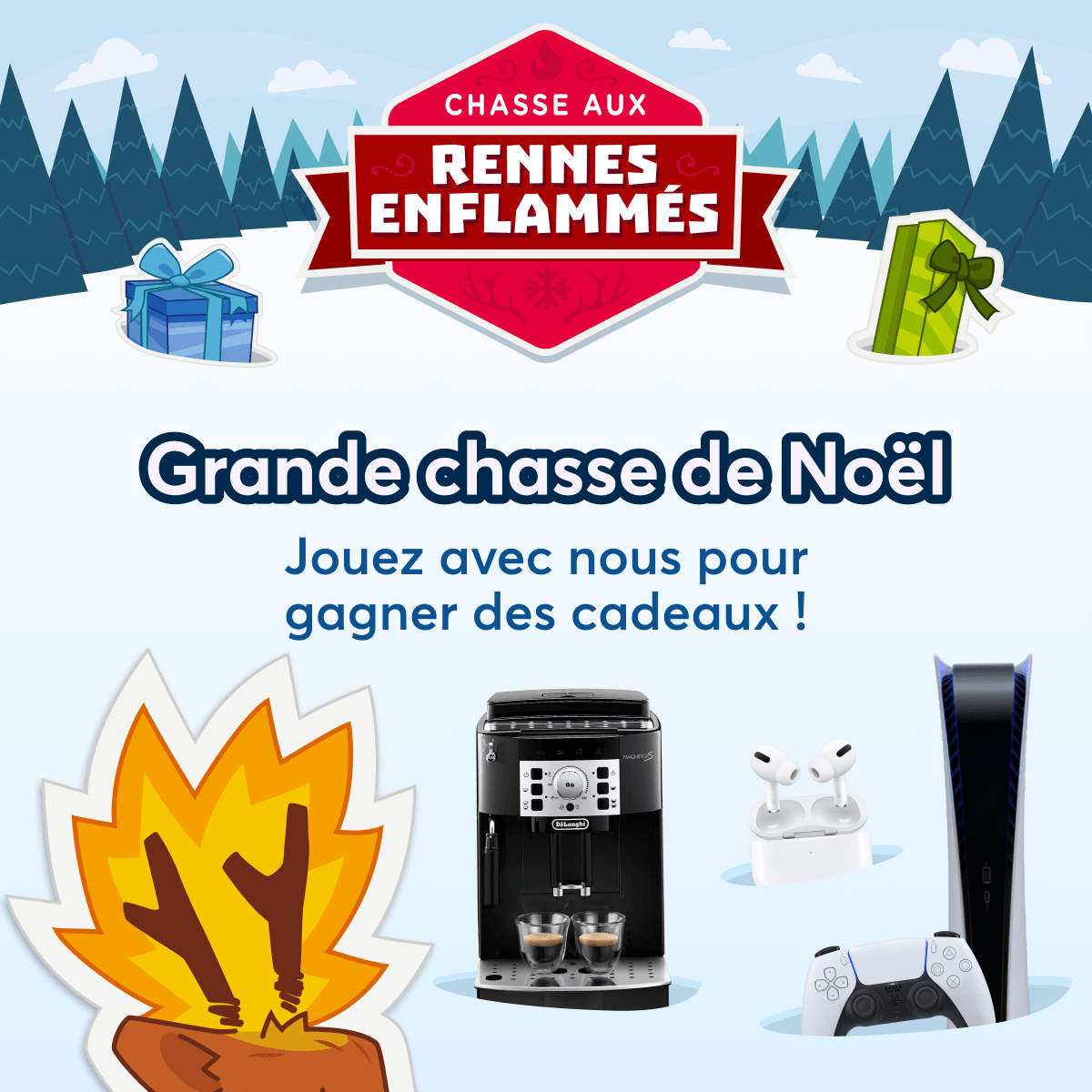 Dealabs's tweet photo. 🔥 Concours 🎁 

Retour de la Chasse aux Rennes sur Dealabs ! 🦌 

On vous fait gagner des PS5, des AirPods Pro, machines De'Longhi Magnifica, cartes cadeaux Amazon, Zalando, Fnac... 

RT et cliquez ici 👇
➡ https://t.co/oNzBiSeeqI ⬅ https://t.co/h8TcfoBJMU