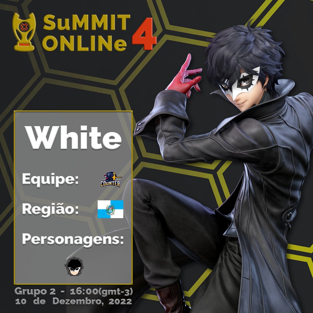 <a href="/fusionesportsba/">Fusion e-Sports</a> <a href="/LukituRS/">FSN | Lukitu</a> <a href="/smat_ssb/">Smat</a> <a href="/FranticClan5/">Frantic Clan</a> <a href="/Meps219/">Meps</a> <a href="/CounterSmashU/">Counter Smash Ultimate</a> <a href="/WendellSSB/">Wendell</a> <a href="/Kowalski_023/">Kowalski</a> No Grupo 2:

 O carioca <a href="/White_Ssb/">White</a>, representante da <a href="/CounterSmashU/">Counter Smash Ultimate</a>, chega pronto pra tomar de assalto a disputa com seu arsenal de Arsenes e buscar uma vaga para mais uma vez disputar nosso super evento SEM LAG 👊💢

Não perca! 10/12 - 16:00(gmt-3)
twitch.tv/TryHardSmash