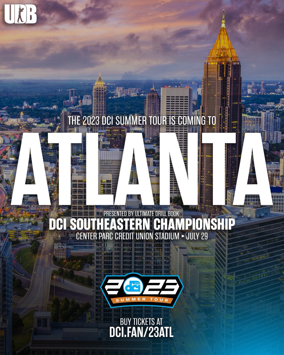 #DCI2023 is 𝗔𝗧𝗟-bound! You can purchase tickets today to see some of the most incredible performers in the world LIVE at the DCI Southeastern Championship pres. by <a href="/udrillbook/">Ultimate Drill Book</a> 🌆

🎟 dci.fan/23ATL
📍 <a href="/CenterParcATL/">Center Parc Credit Union Stadium</a>