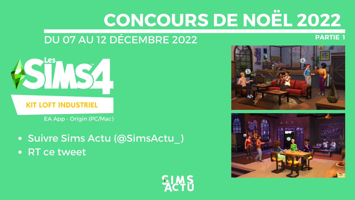 SimsActu_'s tweet photo. C’est repartiii ! Vous avez jusqu'au 12 décembre à 18h CET pour participer à notre concours pour gagner le kit #Sims4 Loft Industriel, vous n’avez qu’à nous suivre et RT ce tweet ! Merci au programme #EACreatorNetwork, à @SimGuruFrost et @LesSims de rendre cela possible ! #Sims https://t.co/xy1qXgpiAo