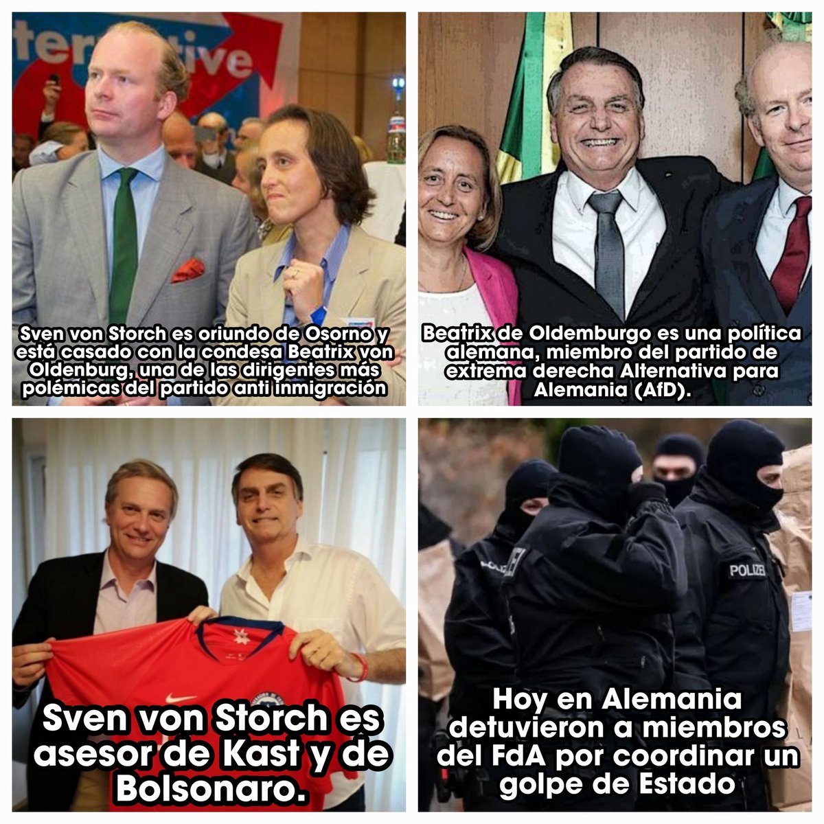 Aquí se explica la relación de José Kast y la ultra derecha chilena con el partido golpista alemán. 

Lo preocupante es que dicho partido actúa igual que Republicanos en Chile, utiliza su metodología, fake news, etc., pero aquí nadie activa las alarmas ante la ultra derecha.👇🏽
