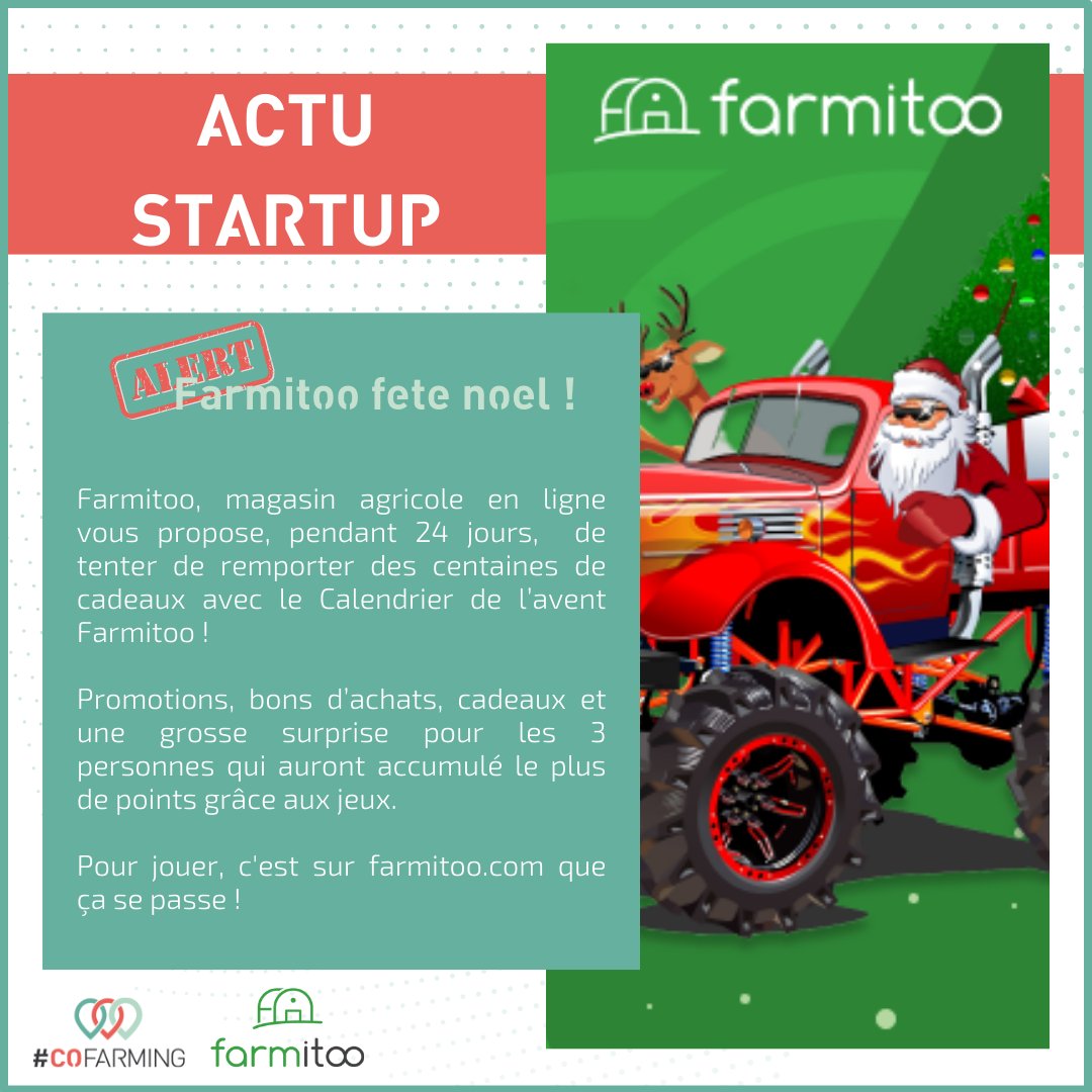 [ ACTU STARTUP 🔍]
🚜 <a href="/Farmitoo/">Farmitoo</a> fête noël ! La plateforme magasin agricole en ligne vous propose de remporter des gains du 1 au 24 décembre ! 🎅

🎄 Pour en savoir plus sur <a href="/Farmitoo/">Farmitoo</a> et participer au calendrier de l'avant c'est par ici : buff.ly/3F7cuPT