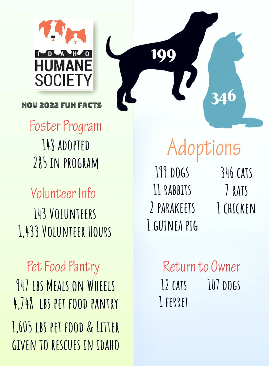 We had a great November here at the Idaho Humane Society with 567 adoptions! Our Pet Food Pantry did a tremendous job supporting people and their pets in need,  with a total of 7300 pounds distributed.