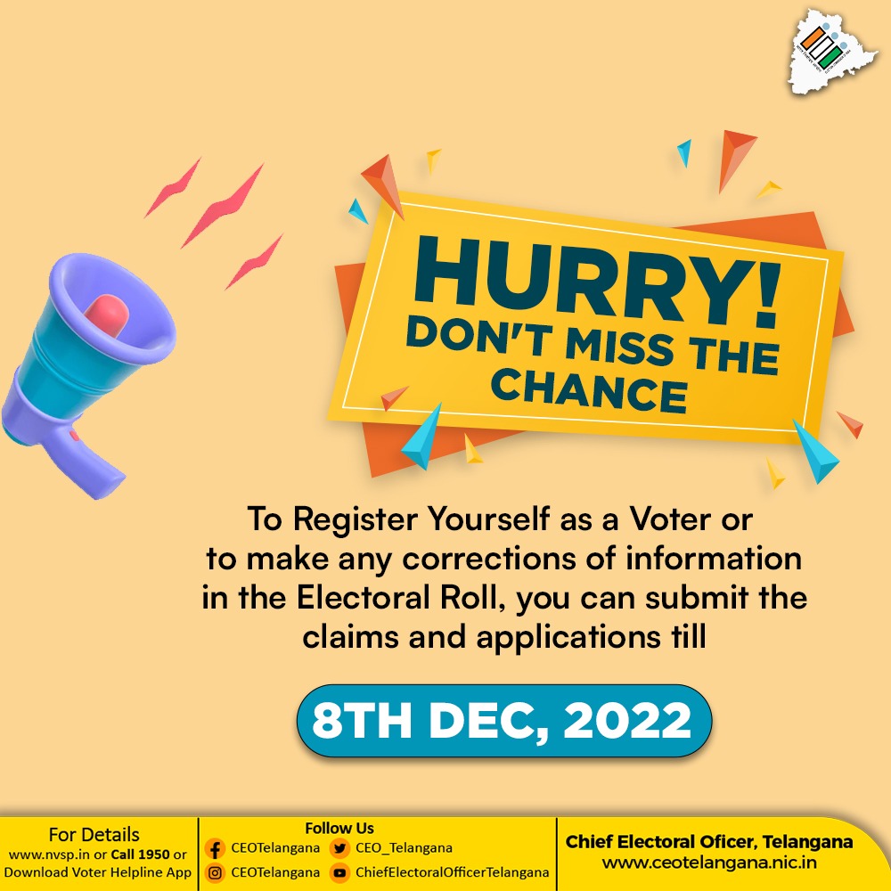 CEO_Telangana's tweet photo. Get yourself enrolled now, don't miss the golden chance to register. Last date is 8 Dec 2022.
#IRegister #ComeTogether #EveryVoteCounts #CEOTelangana https://t.co/InEcO0LIe2