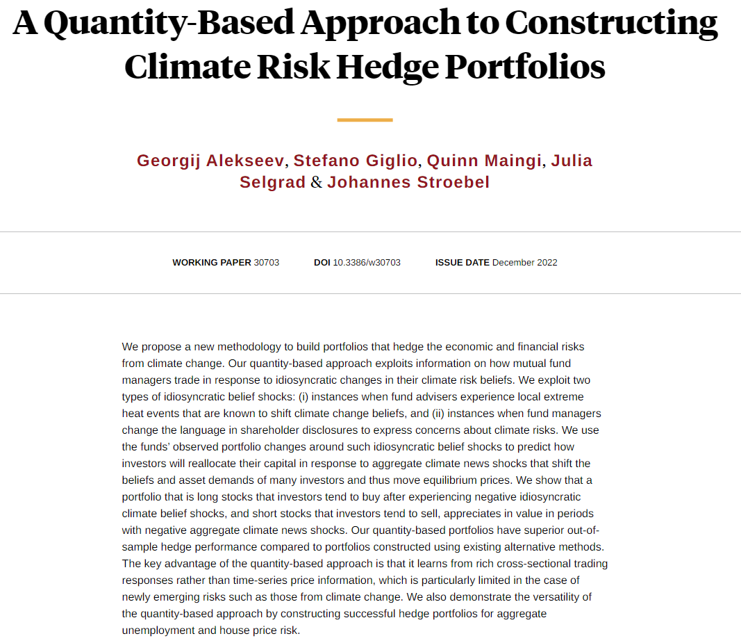 NBER (@nberpubs) on Twitter photo Building successful hedge portfolios for climate risks by studying how mutual funds trade in response to idiosyncratic shocks to their climate beliefs, from Georgij Alekseev, <a href="/StefanoGiglioEc/">Stefano Giglio</a>, Quinn Maingi, Julia Selgrad, and @stroebel_econ nber.org/papers/w30703 Building successful hedge portfolios for climate risks by studying how mutual funds trade in response to idiosyncratic shocks to their climate beliefs, from Georgij Alekseev, <a href="/StefanoGiglioEc/">Stefano Giglio</a>, Quinn Maingi, Julia Selgrad, and @stroebel_econ nber.org/papers/w30703