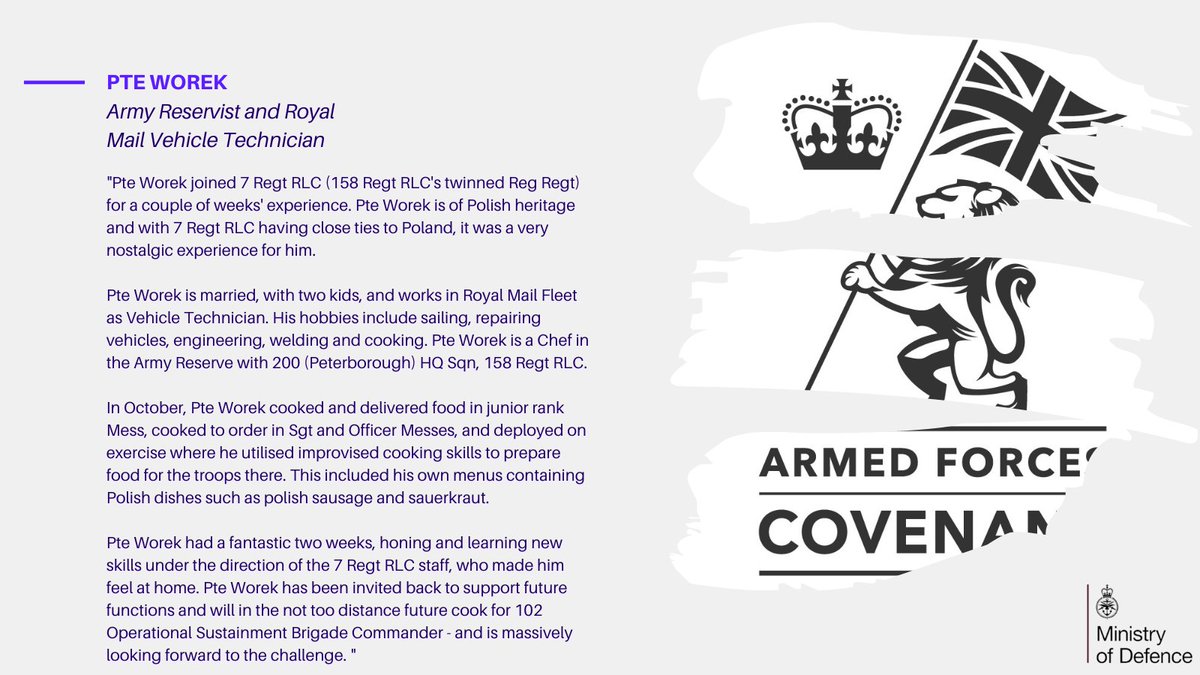 – An Insight Into Your Reserve Forces –

See below story on Pte Worek, Army Reservist and Royal Mail Vehicle Technician, working with his Regular counterparts to develop and hone his cooking skills whilst being deployed on exercise.

<a href="/158RegimentRLC/">158 Regt RLC</a>