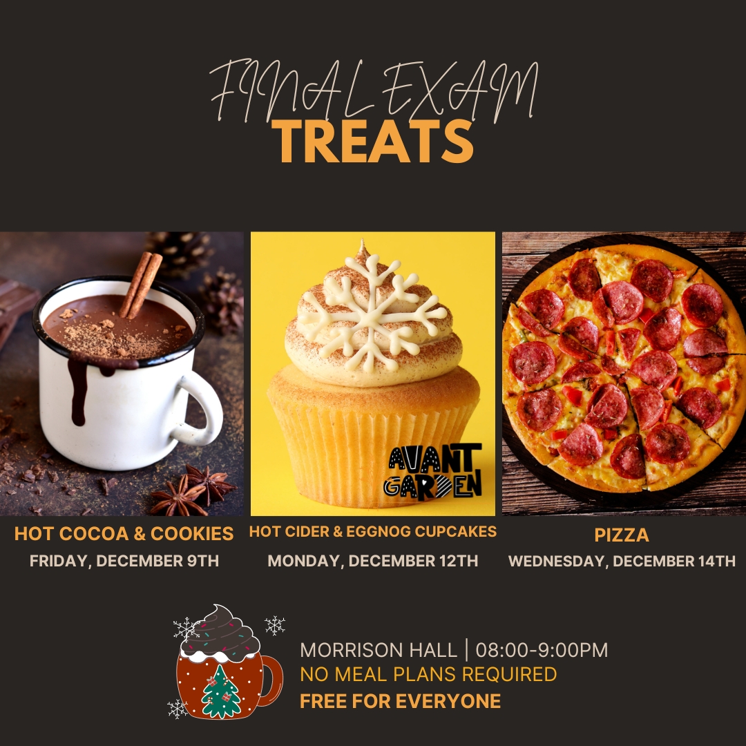 Our Final Exam Treats are back! our first Exam treats will on Friday, December 9th, from 8pm-9pm at Morrison Hall. Its 100% Free For Everyone at STFX University!  #examtreats #sodexocanada #stfxuniversity #finalexams <a href="/stfxuniversity/">StFX University</a>