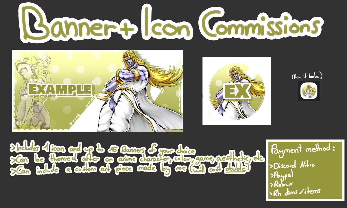 neko_does_art's tweet photo. Doing discord banner and icon commissions!
Mainly looking for discord nitro, robux or royale high diamonds!

10$ Nitro - 300/500rbx - 30/50K rhd - Royale high items

DM me if interested!

#commissionsopen #robuxcommissions #commissions https://t.co/SwNZxoIZGQ