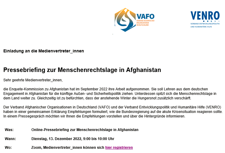 venro_eV's tweet photo. Presseeinladung: @VAFOinDe und VENRO haben Empfehlungen formuliert, wie die Bundesregierung auf die akute Krisensituation in #Afghanistan reagieren sollte. Am kommenden Dienstag möchten wir Sie in unserem Pressegespräch über die Hintergründe informieren. https://t.co/r0HAHNKB47 https://t.co/zv2PTyRfR8