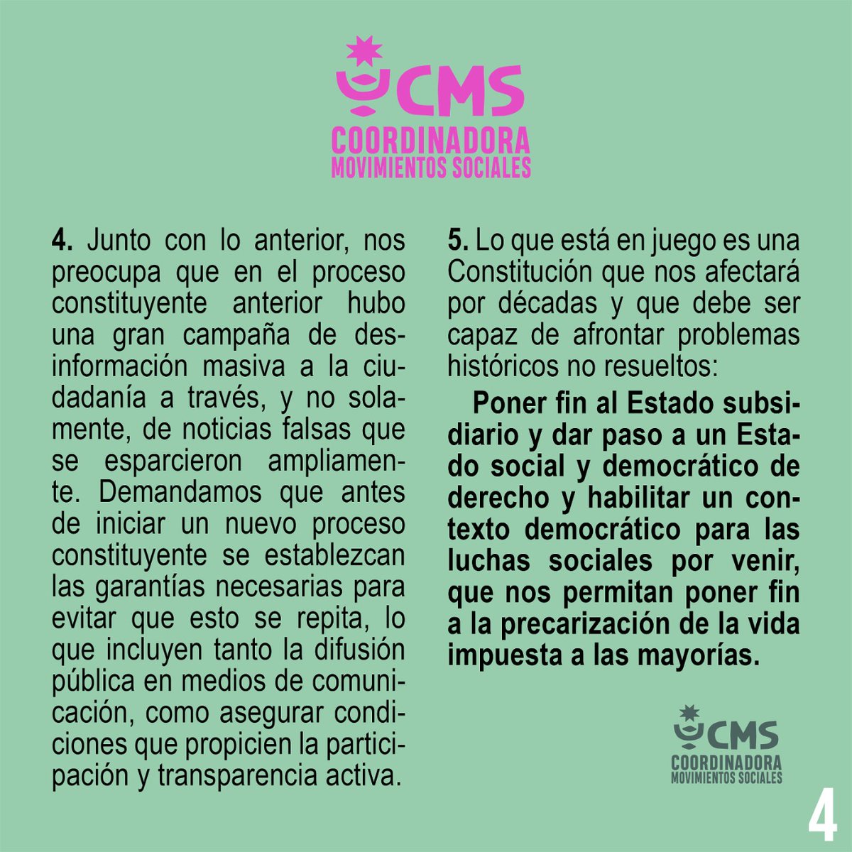 Carta de CMS respecto al próximo proceso constituyente, buscan impedir un proceso democrático para poner fin a la constitución del tirano y avanzar hacia una Nva Constitución. 

Convención 100% electa, paritaria, con escaños reservados y participación de independientes. 
#MixtaNo