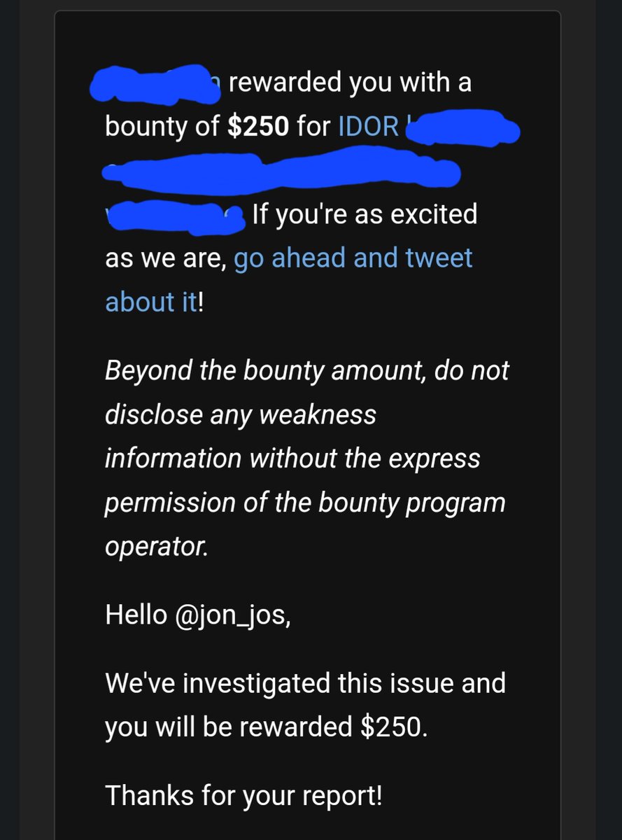 jon_jos11's tweet photo. Alhamdulillah, I was awarded a $250 bounty on @Hacker0x01! https://t.co/MkVhLubOoi #TogetherWeHitHarder https://t.co/h2fSv8q38h