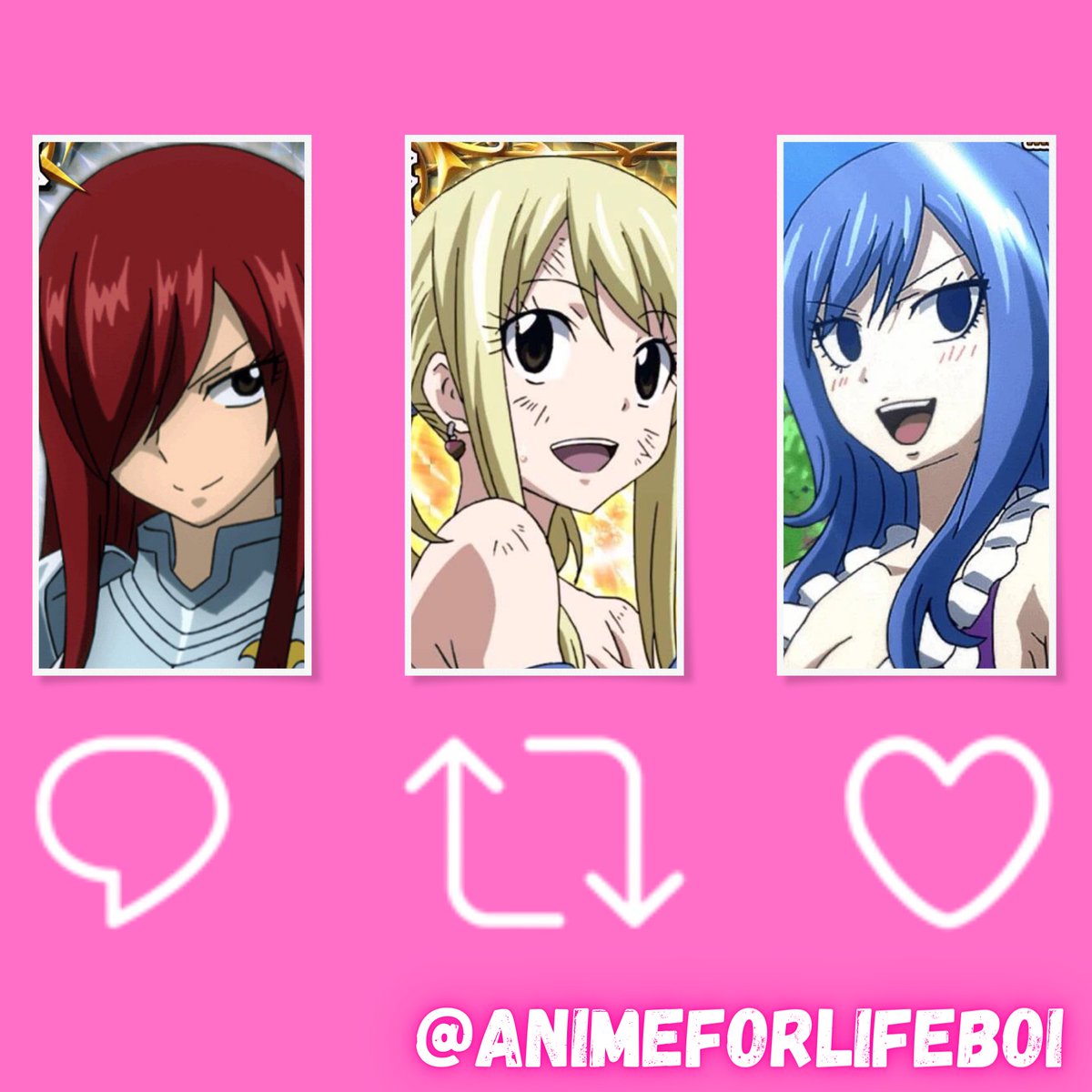 AniMeForLifeBoi's tweet photo. Who's your favorite waifu?
Reply [Erza Scarlet]
Retweet [Lucy Heartfillia]
Like [Juvia Lockser] https://t.co/3M4rY3soNm