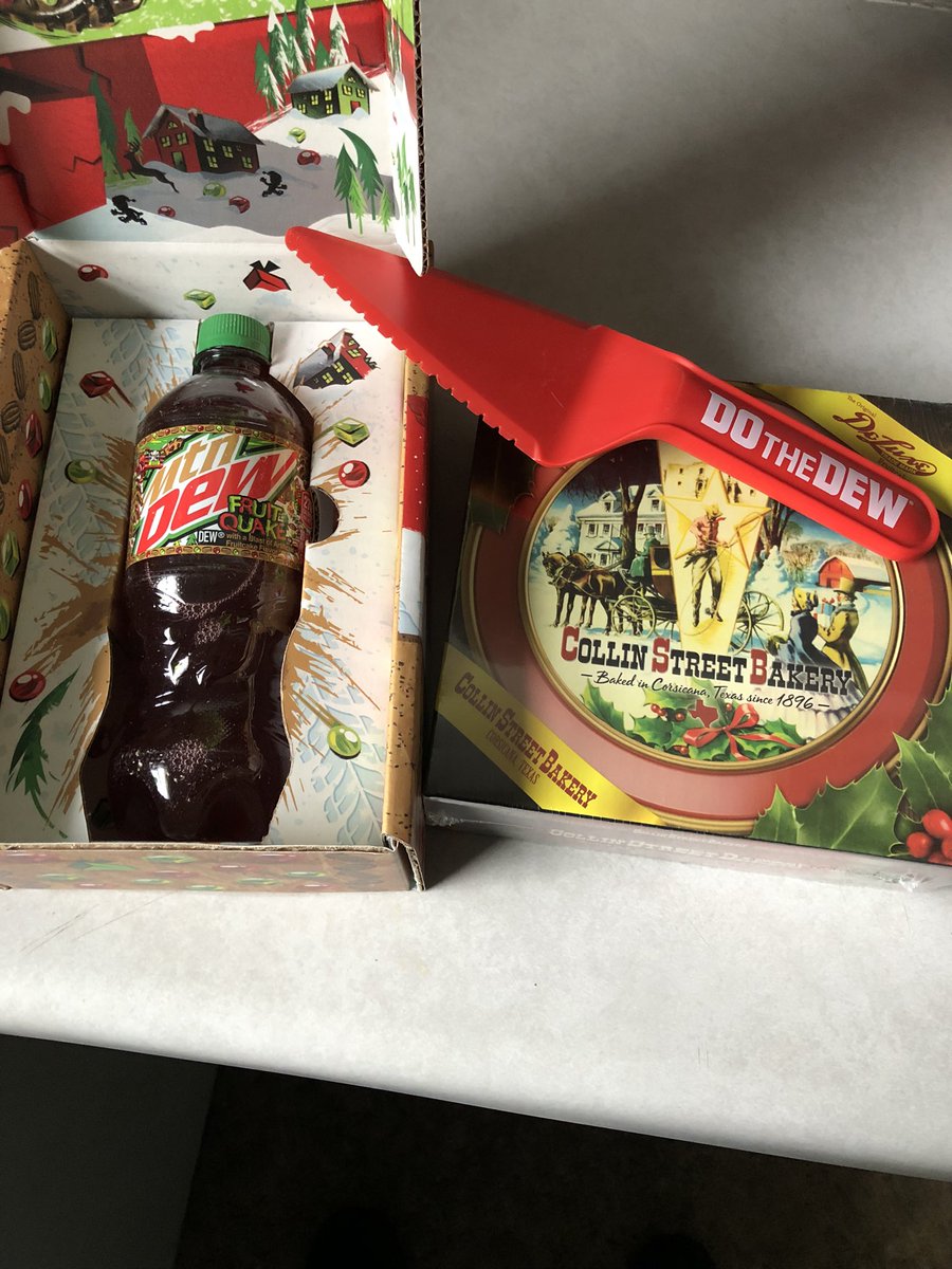 TheGavinSheehan's tweet photo. The folks at #MountainDew sent another free promo my way, as I got their new #FruitQuake flavor, and a fruit cake to compare it to. Bonus: free pie server! Thanks #MTNDEW! https://t.co/fo2JIGKJnF