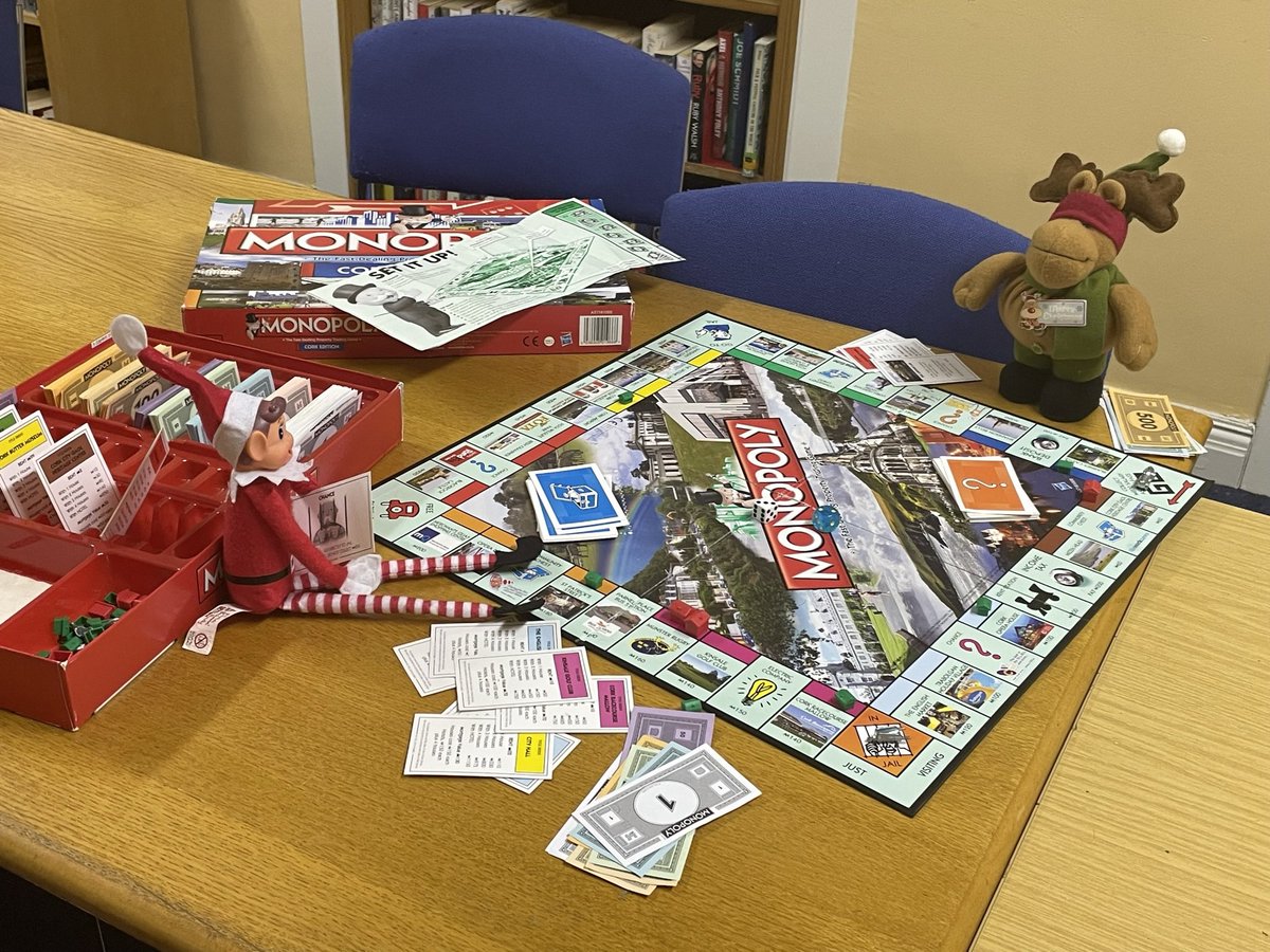 ACETCorkIreland's tweet photo. Uh-oh Buddy received the 'Go to Jail' card, while playing the Cork edition of monopoly with Blitzen. Hope he can pay the fee, to get out!!! #buddytheelf #acetelf #monopolymoney #monopolycorkedition #christmas #cork #English https://t.co/kuijil3K0x
