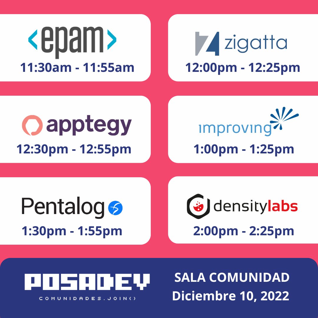 posadev's tweet image. Además de los stands que tendrán en el evento, te invitamos a asistir a las dinámicas que las empresas que patrocinan #PosaDev2022 tendrán en la sala comunidad.