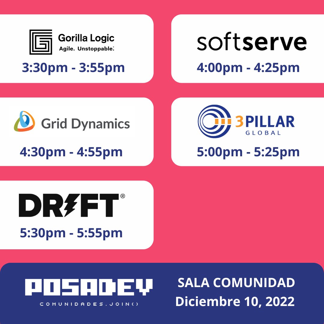 posadev's tweet image. Además de los stands que tendrán en el evento, te invitamos a asistir a las dinámicas que las empresas que patrocinan #PosaDev2022 tendrán en la sala comunidad.
