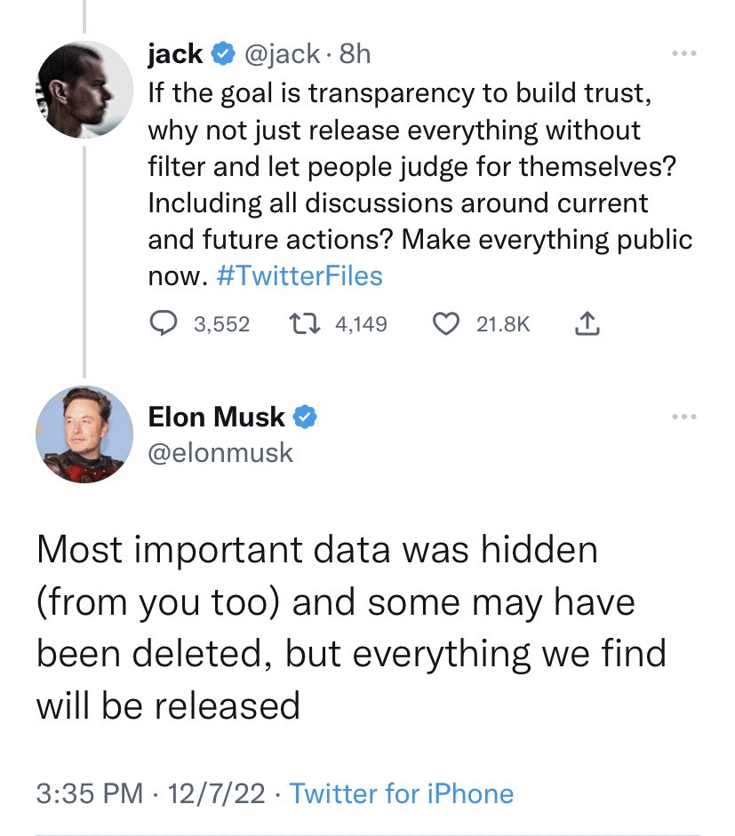 Jack: Elon, if you’re really for transparency you should share the discussions being had at Twitter right now on the decisions being made with you as owner Elon: WHAT I CAN’T HEAR YOU MUST BE A BAD CONNECTION