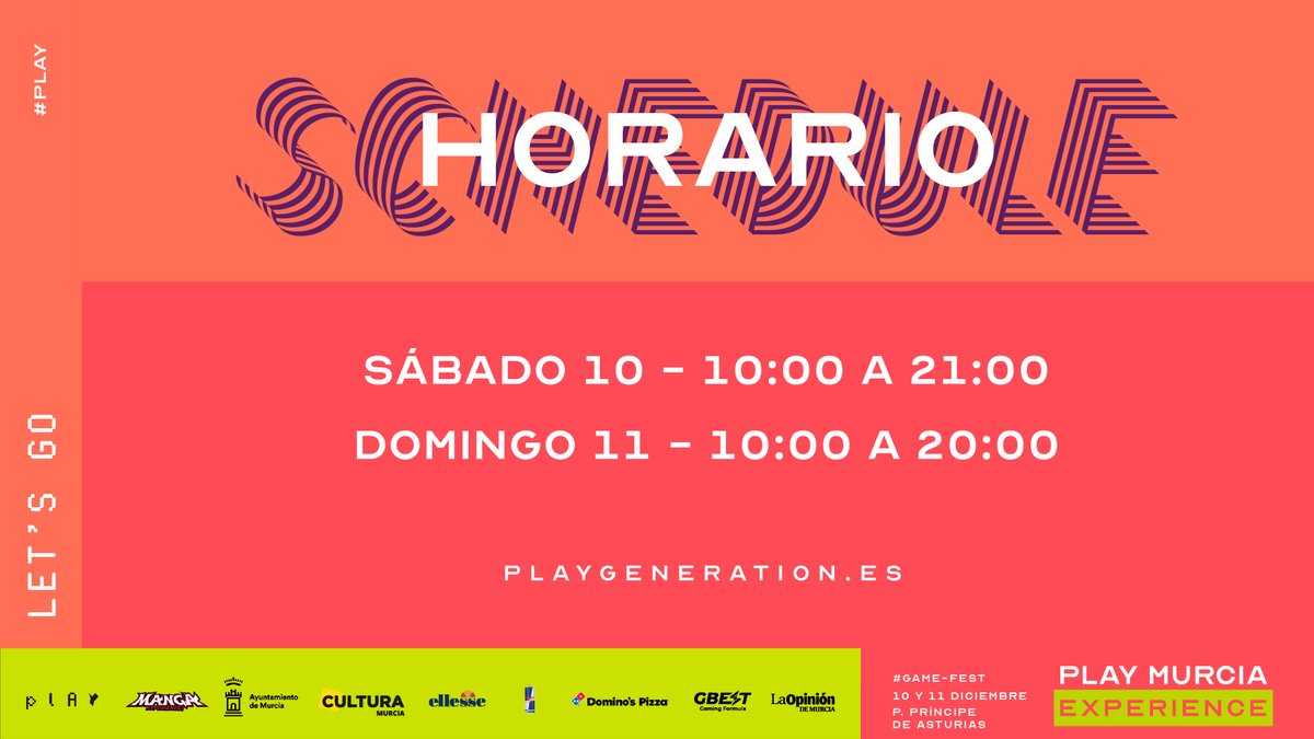 playgenpro's tweet photo. 🕙 HORARIOS
⠀
🔸 Sábado 10h a 21h
🔹 Domingo 10h a 20h

🔴 𝙿𝙻𝙰𝚈 𝙼𝚄𝚁𝙲𝙸𝙰 𝙴𝚡𝚙𝚎𝚛𝚒𝚎𝚗𝚌𝚎
📅 10 y 11 Diciembre 
📍 P. Príncipe de Asturias (Murcia)
⠀
🎟️ https://t.co/f1zTEr85rW
#playmurciaexperience #playmurcia https://t.co/tHTkKXPGtl