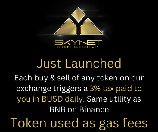 Just launched! Skynet token. Used as gas fees on existing exchange. Each buy &amp; sell triggers 3% tax paid to holders in BUSD daily. KYC team &amp; contract audit

TG: t.me/skynetdex
TW: <a href="/Skynetdex_com/">Skynet</a>

Chart: poocoin.app/tokens/0x78819…

#BinanceChain #BUSDReward #BUSDTR #BSC2022