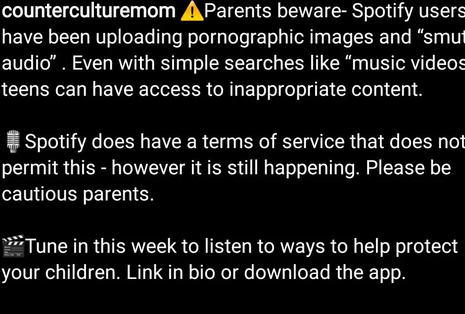 ChildProofUSA's tweet photo. Wednesday's app of the week is Spotify.  Thanks to counterculturemom for bringing this up. 🚨 If your kids use Spotify please be aware of this! 🚨
-
#educate #equip #empower #childproofamerica #spotify #onlinesafety #onlineexploitation #parenting https://t.co/V4VZ9aDwdU