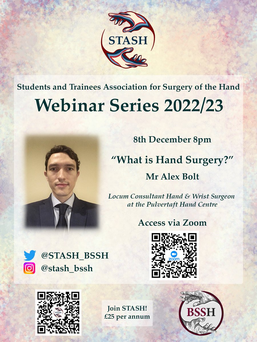 First STASH Webinar - tomorrow! 8th December @ 8pm GMT “What is Hand Surgery?” with Mr Alex Bolt from @The_Pulvertaft 💻 👉 us02web.zoom.us/j/83448480337 @BSSHand #handsurgery #MedTwitter #orthotwitter #PlasticSurgery #medstudents #AcademicChatter #AcademicTwitter