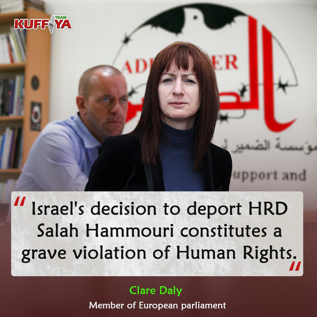 Member of European parliament @ClareDalyMEP condemned Israel's decision to deport HRD Salah Hammouri to France, considering it as a grave violation of Human Rights. 
#JusticeForSalah