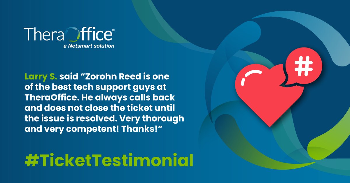 🙂Ticket Testimonial🙂

Take comfort in knowing that when you contact us for help, you have an entire team behind you, ensuring a pleasant &amp; satisfying client experience from start to finish.

#TheraOffice #beyondtheplatform #physicaltherapy #occupationaltherapy #speechtherapy