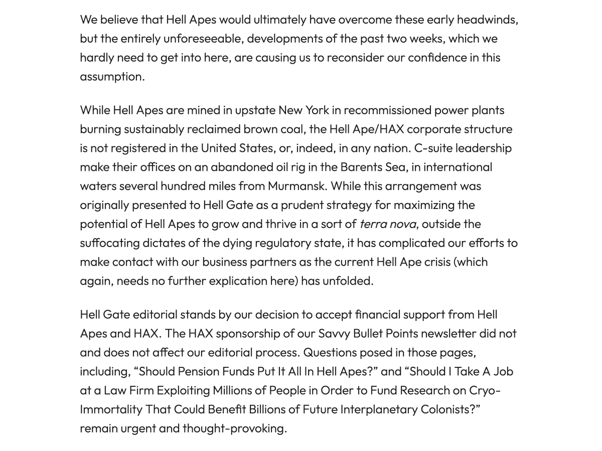 macfathom's tweet photo. This is the memo I sent to @HellGateNY staff today about the layoffs and the ongoing situation with Hell Apes: https://t.co/3m5ZNl8ZCH https://t.co/NaGy5O6wr0