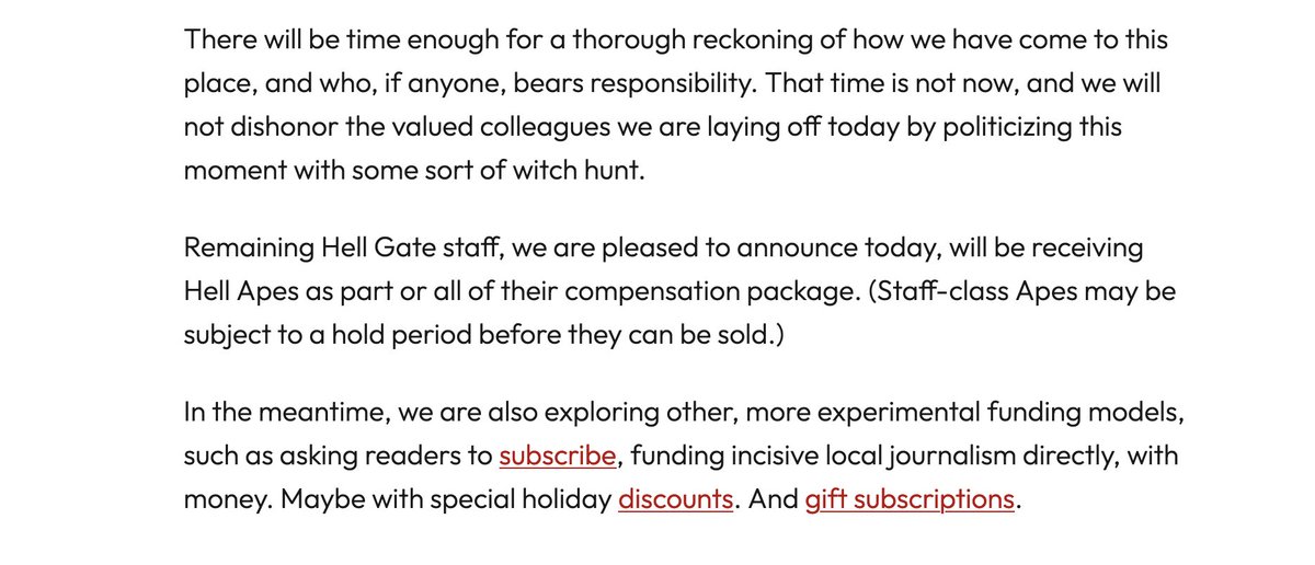 Nick Pinto (@macfathom) on Twitter photo This is the memo I sent to <a href="/HellGateNY/">Hell Gate *subscribe today!*</a> staff today about the layoffs and the ongoing situation with Hell Apes: hellgatenyc.com/hell-apes-upda… This is the memo I sent to <a href="/HellGateNY/">Hell Gate *subscribe today!*</a> staff today about the layoffs and the ongoing situation with Hell Apes: hellgatenyc.com/hell-apes-upda…