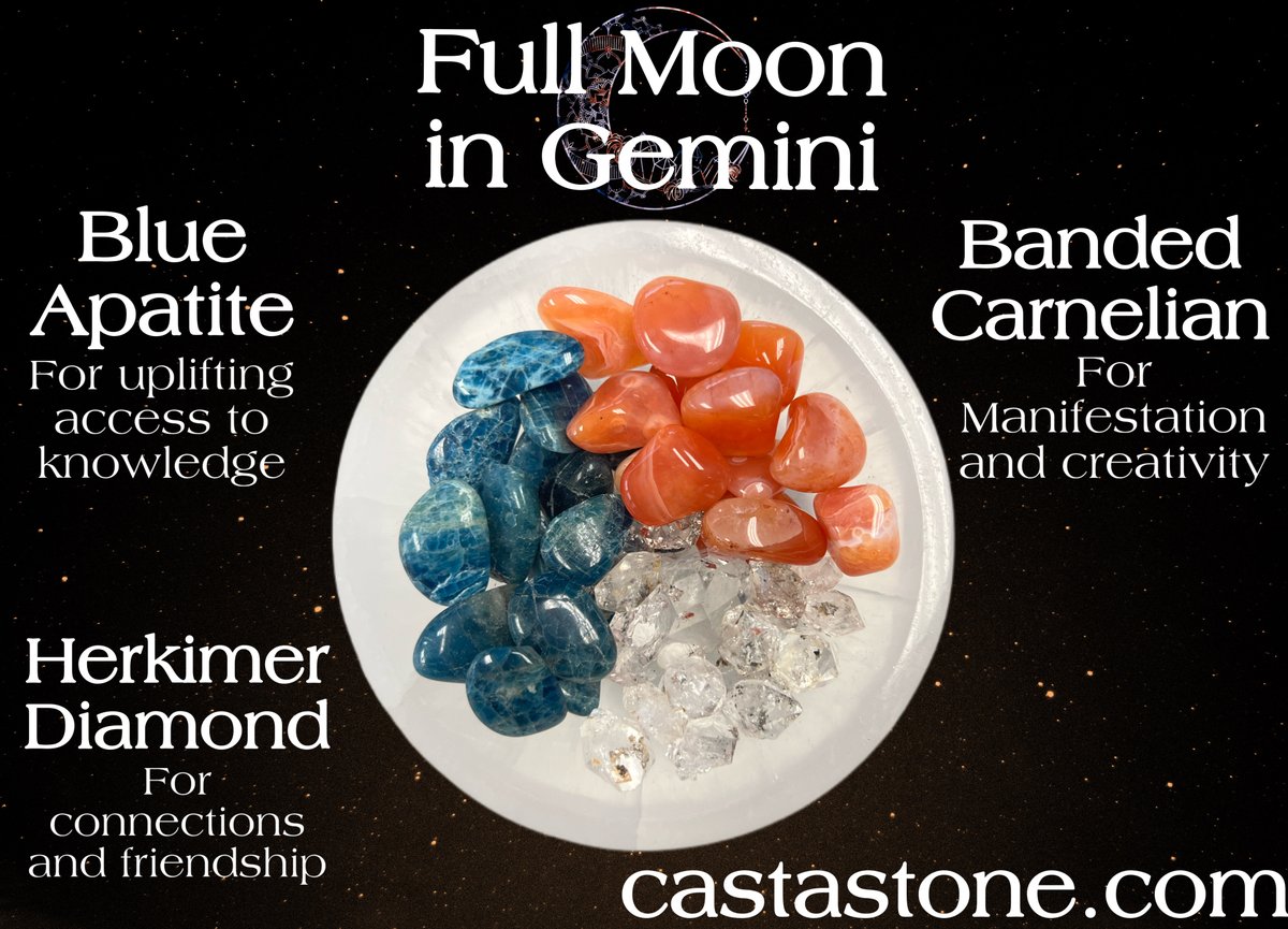 The final Full Moon of the year is here! 🌕 Ironically, the ❄️ Cold Moon asks us to open up to warmth and connection. 

Remember:
🎨Carnelian for manifestation and creativity 
📚Blue apatite for uplifting access to knowledge 
🫶Herkimer Diamonds for connections and friendship