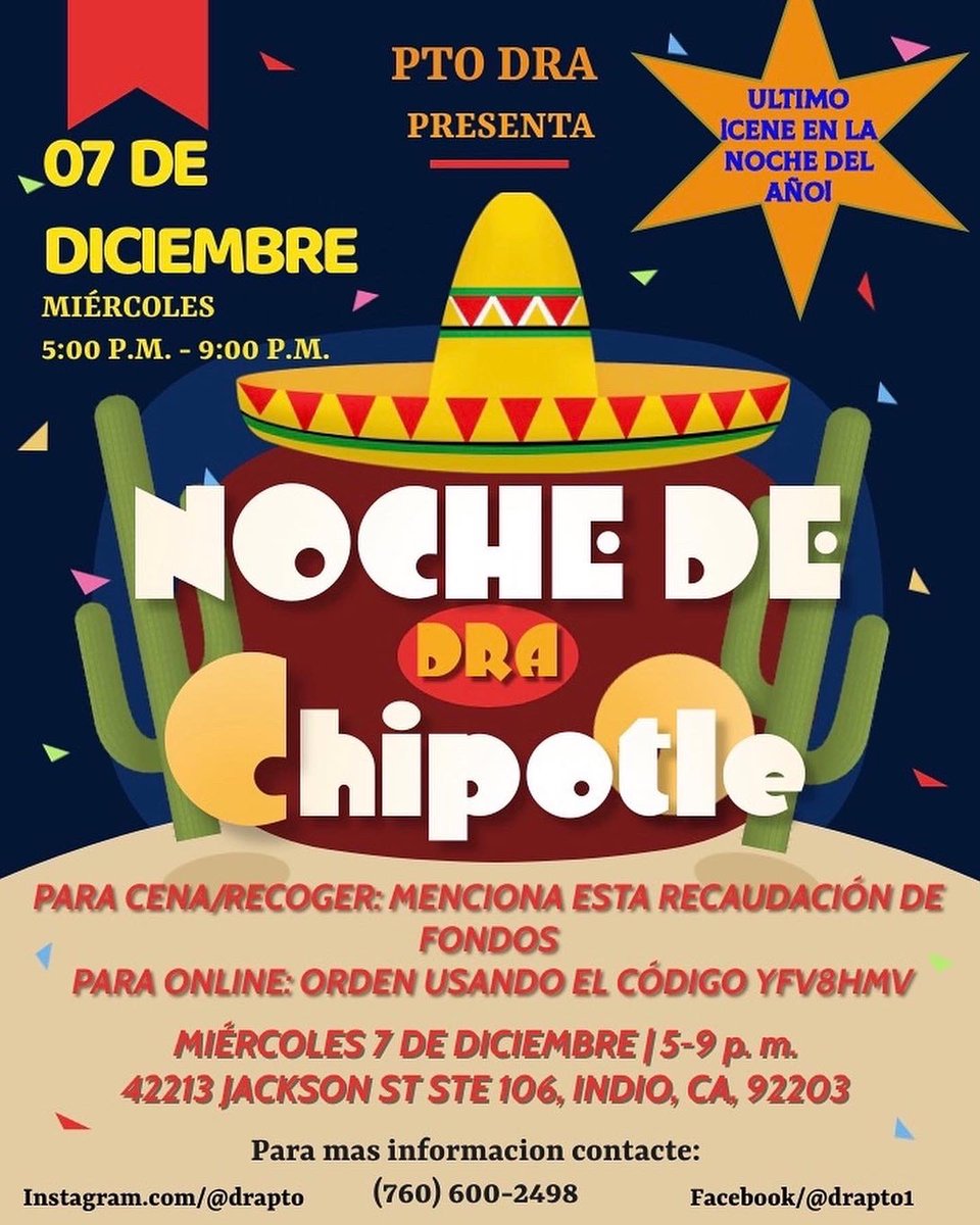 DRA Chipotle Night is tonight, Wednesday 12/07 from 5p-9p in Indio! 

#draleadstheway 

🌯 🌯🌯🌯🌯🌯🌯🌯🌯🌯

¡Dra de Chipotle es ahorra, miércoles 12/07 de 5 p.m. a 9 p.m. en Indio!