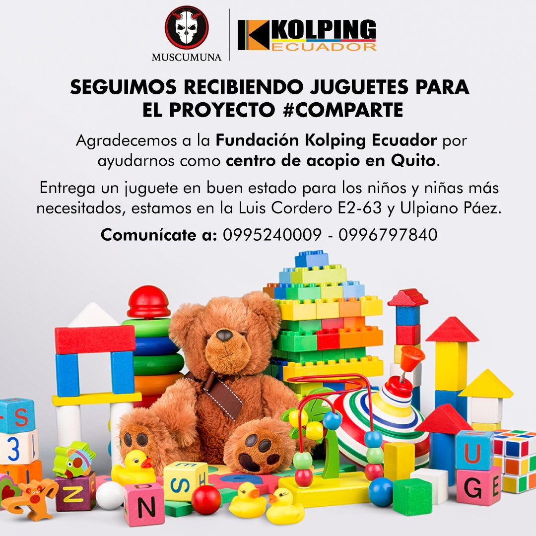 Muscumuna's tweet photo. Ayúdanos a ayudar. Seguimos recolectando juguetes en buen estado para la navidad de los niños más necesitados, #comparte 
Estaremos en la Luis Cordero E2-63 y Ulpiano Páez en la Fundación Kolping Ecuador  
#comparte #Muscumuna #kolpingecuador #navidad2022 https://t.co/il7YQAFqNj
