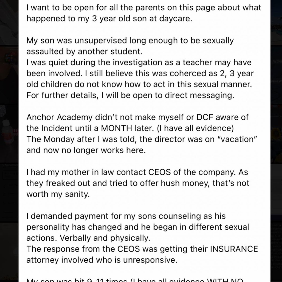 jxrbx's tweet photo. Everyone please repost my sons story of sexual assault at his last daycare. We trying to be the voice for my little boy! @ABC @WFTV @Channel4News I need every parent to be aware!! https://t.co/kokRnVwRCD