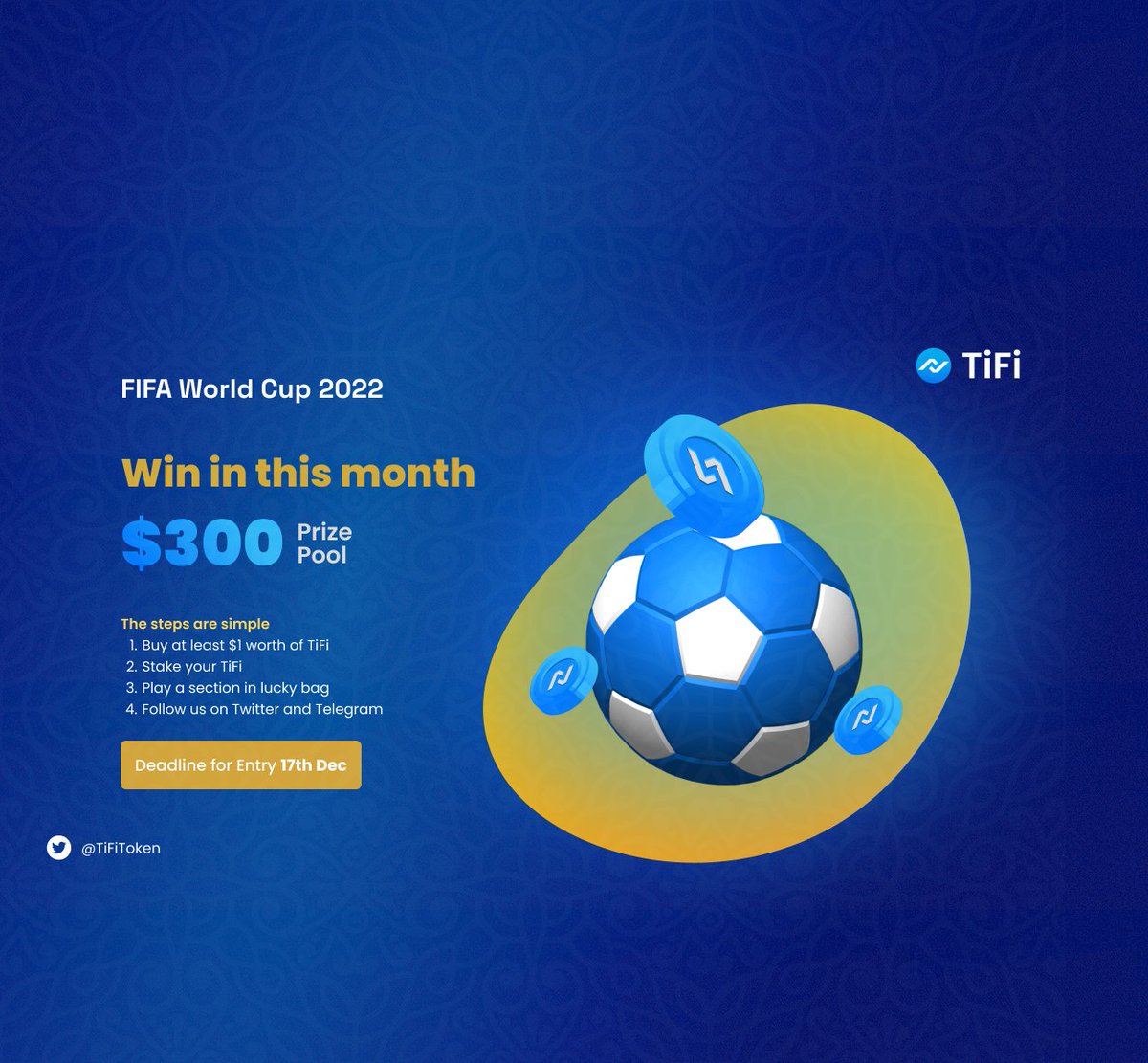 TiFiToken's tweet photo. This year's #FIFA world cup has been nothing short of surprises😬

#TiFi is putting up a $300 prize pool to celebrate the season for those who can follow the steps in the sweep widget 👇

https://t.co/oWT73ji1PU

Let's go 🚀

#Crypto  #BSC https://t.co/VPm7dxUASE