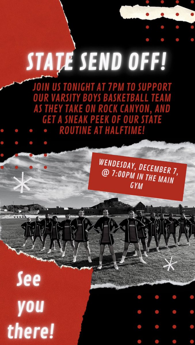 Join us TONIGHT as we cheer on and support our Varsity Boys Basketball team as they take on the Rock Canyon Jaguars, and get a sneak peak of our State Routine! 7pm in the Main Gym. Let’s Go Raiders! 😎🏀🎀🏴‍☠️ #RaidersSupportRaiders
