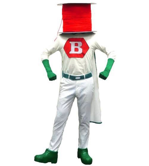 mondomascots's tweet image. Bobbin Man, a superhero whose head is the bobbin from a sewing machine, is the mascot for the Japanese sewing machine company, Brother Group.