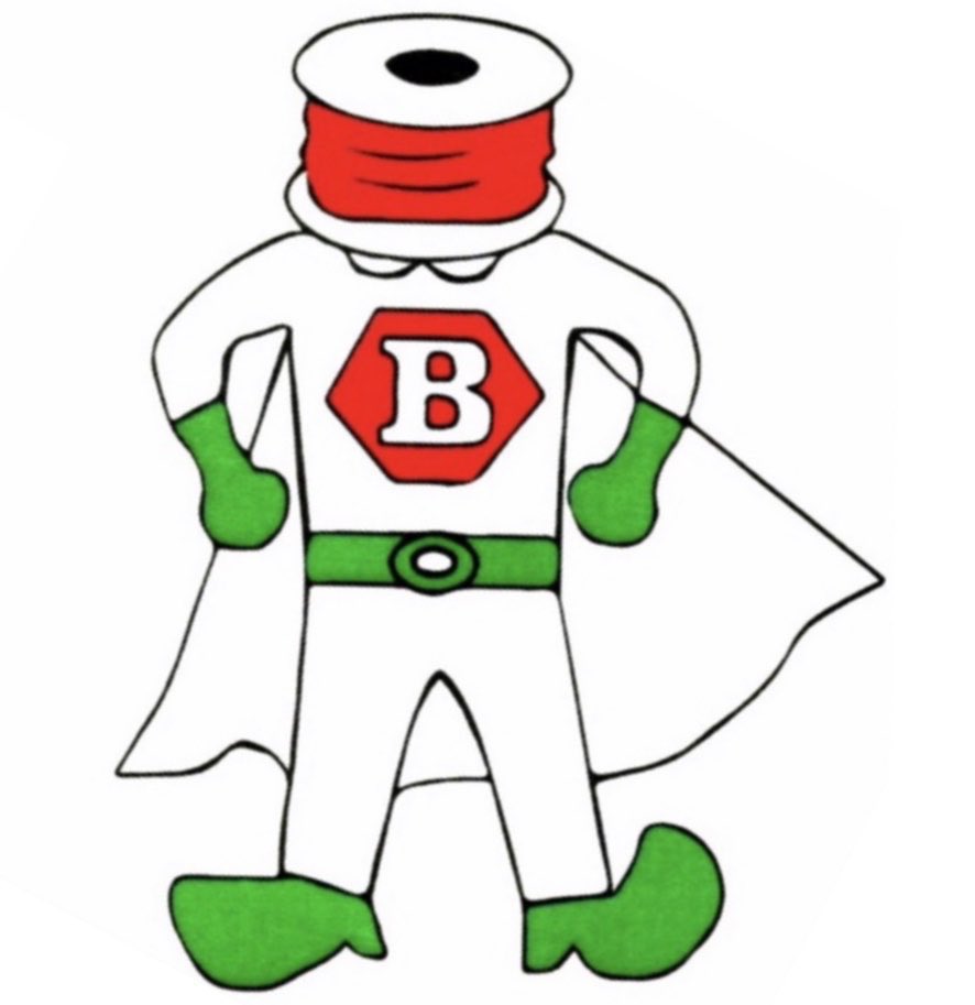 mondomascots's tweet image. Bobbin Man, a superhero whose head is the bobbin from a sewing machine, is the mascot for the Japanese sewing machine company, Brother Group.