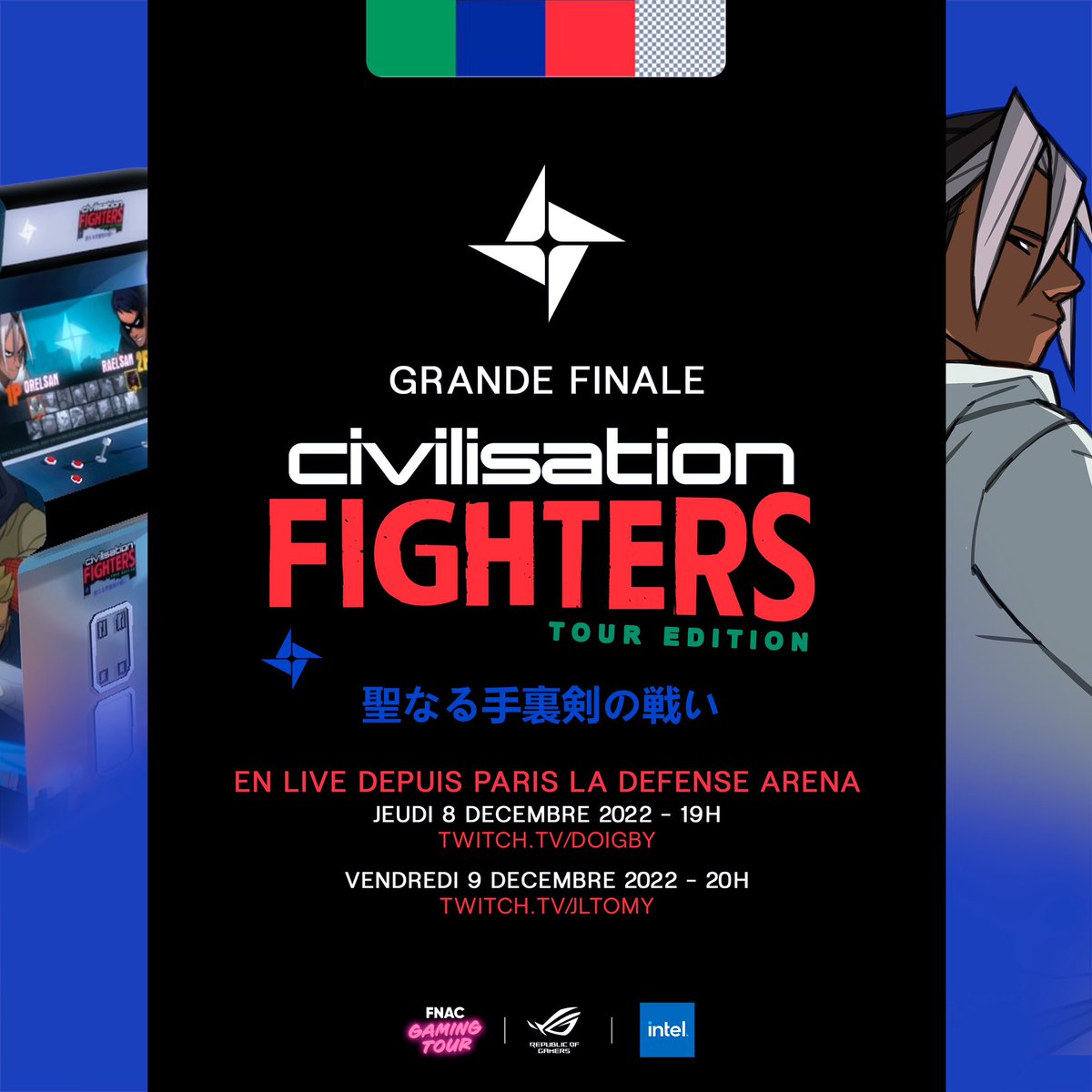 Orel_san's tweet photo. Demain on fait la grande finale de CIVILISATION FIGHTERS sur scène à La Défense Arena. Les gagnants de la tournée, de la Fnac et de la PGW vont s’affronter dans les loges et faire la finale pendant le concert. Le vainqueur remporte une borne d’arcade Civilisation Fighters… https://t.co/JsZP1dPYW3