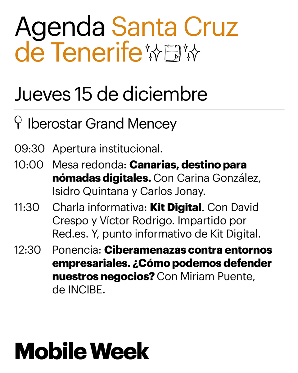 mWeek_MWC's tweet image. ¡Hola, Santa Cruz de Tenerife! Os traemos planes para el próximo jueves 15/12 👀👇🏼 @santacruz_ayto 

#mWeekCanarias22 llega con más actividades y charlas gratuitas sobre tecnología y digitalización👨‍💻 🙌

📢 ¡No te pierdas nada! mweek.com/canarias-2022/…
#CompetenciasDigitales