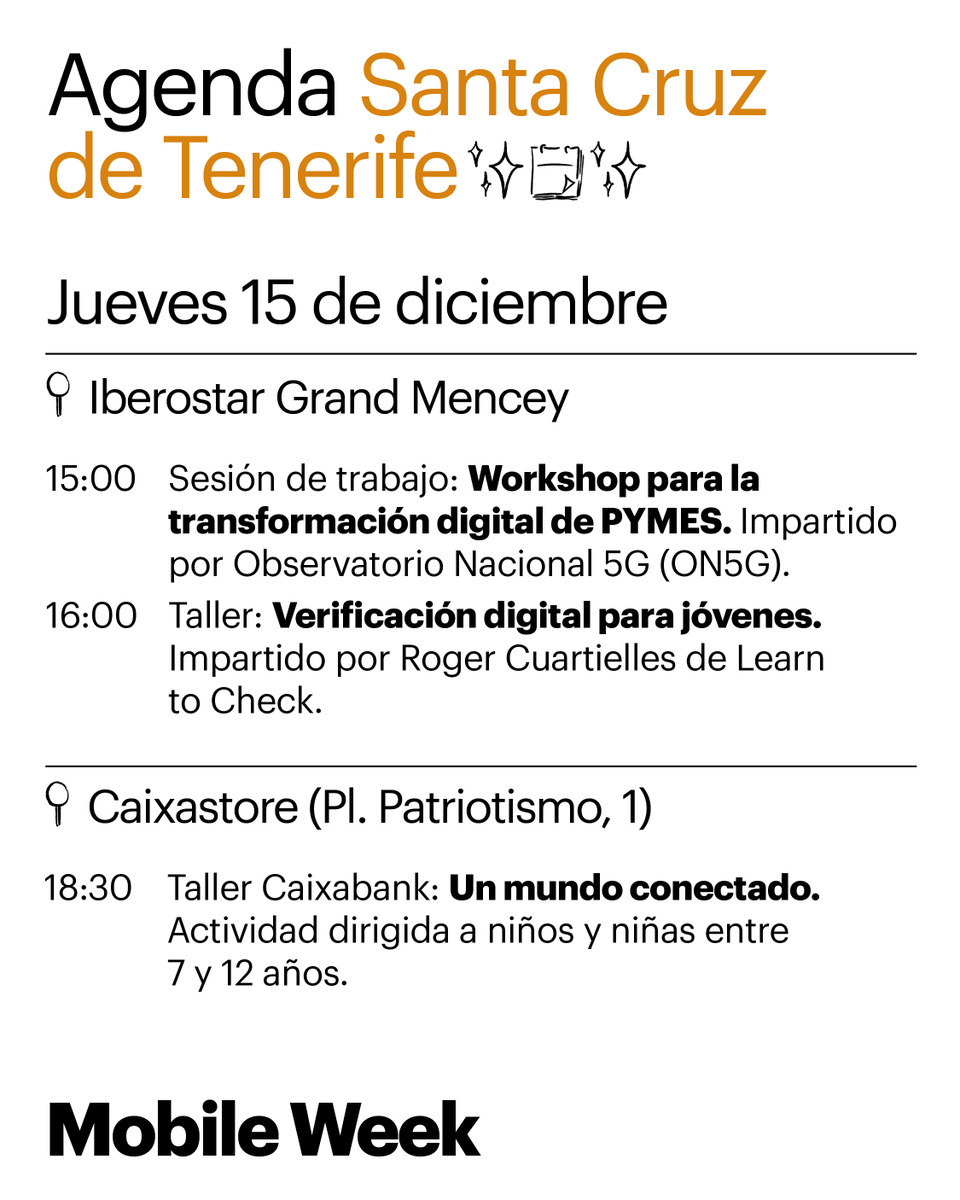 mWeek_MWC's tweet image. ¡Hola, Santa Cruz de Tenerife! Os traemos planes para el próximo jueves 15/12 👀👇🏼 @santacruz_ayto 

#mWeekCanarias22 llega con más actividades y charlas gratuitas sobre tecnología y digitalización👨‍💻 🙌

📢 ¡No te pierdas nada! mweek.com/canarias-2022/…
#CompetenciasDigitales